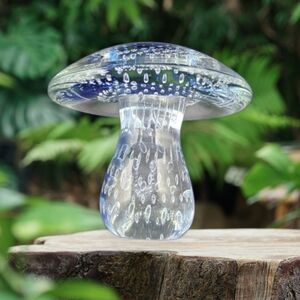 Viking Mid Century Vintage Blue and Clear Glass Mushroom 4.5" Tall x 5" Wide
